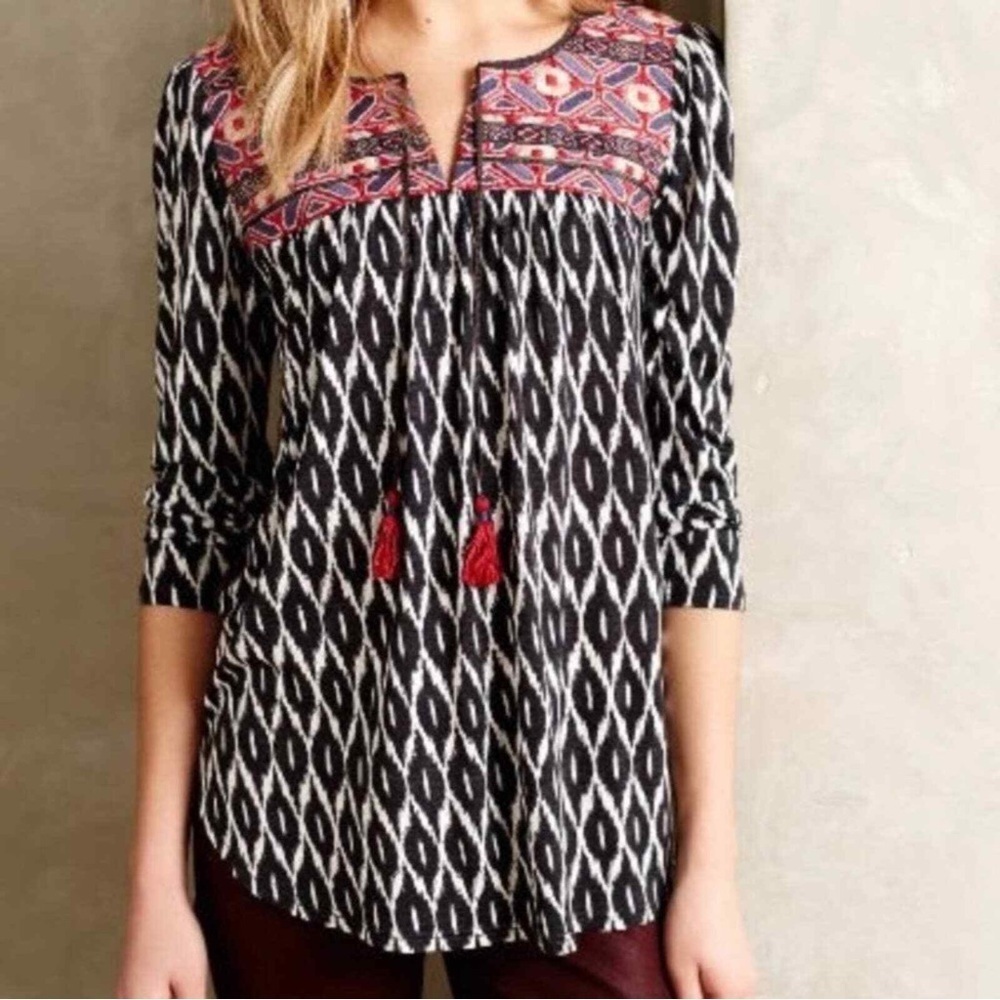 One September Palambo Tassel Ikat Print Mixed Media Blouse Anthropologie‎